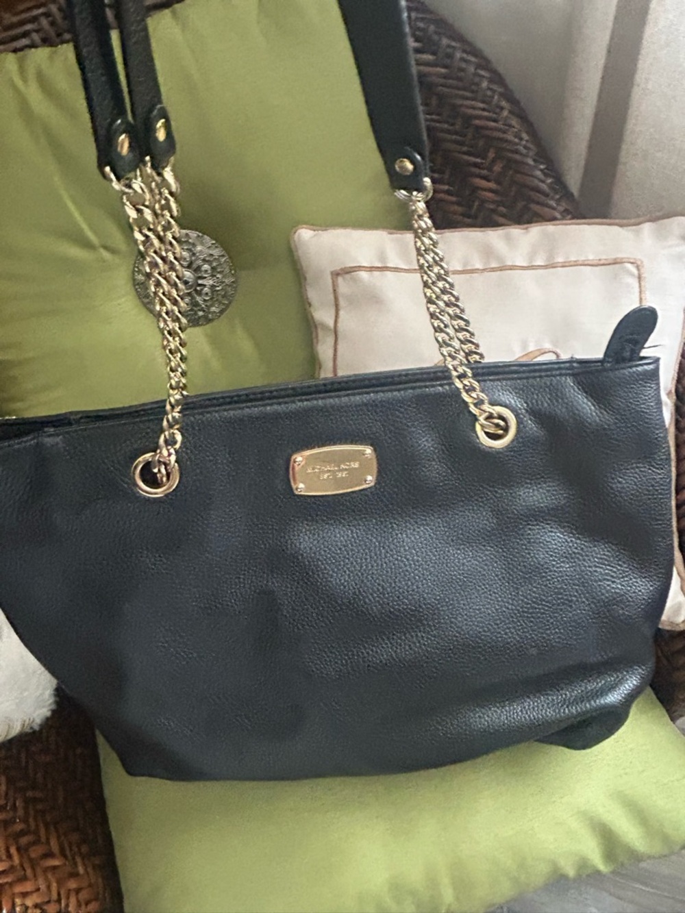 Michael Kors Black Pebbled Leather Tote with Gold Chain Handles - Picture 1 of 12